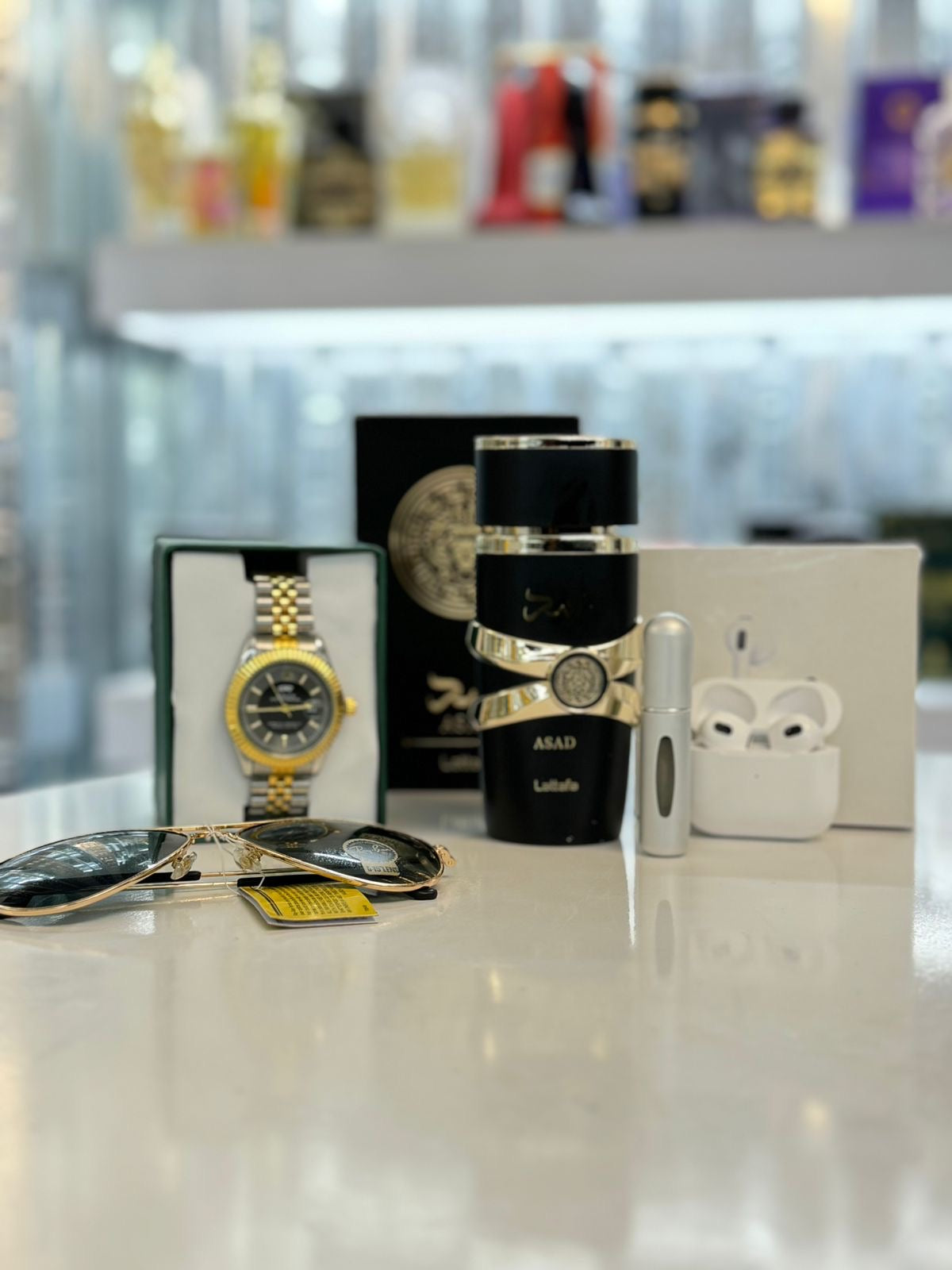 SUPER COMBO [Perfume Asad de Lattafa | Rolex Submariner | AirPods Pro | Ray-Ban Aviator] + Perfumero Gratis [LIQUIDACION DE STOCK]