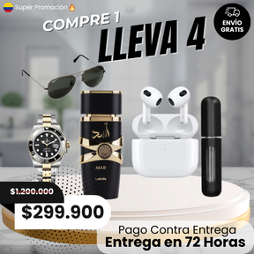 SUPER COMBO [Perfume Asad de Lattafa | Rolex Submariner | AirPods Pro | Ray-Ban Aviator] + Perfumero Gratis [LIQUIDACION DE STOCK]