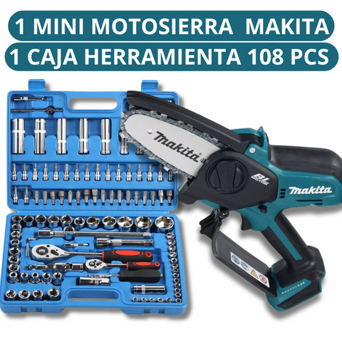 MINI MOTOSIERRA INALÁMBRICA MAKITA 48V CON 2 BATERÍAS + CAJA DE HERRAMIENTAS DE 108 PIEZAS PROMOCIÓN